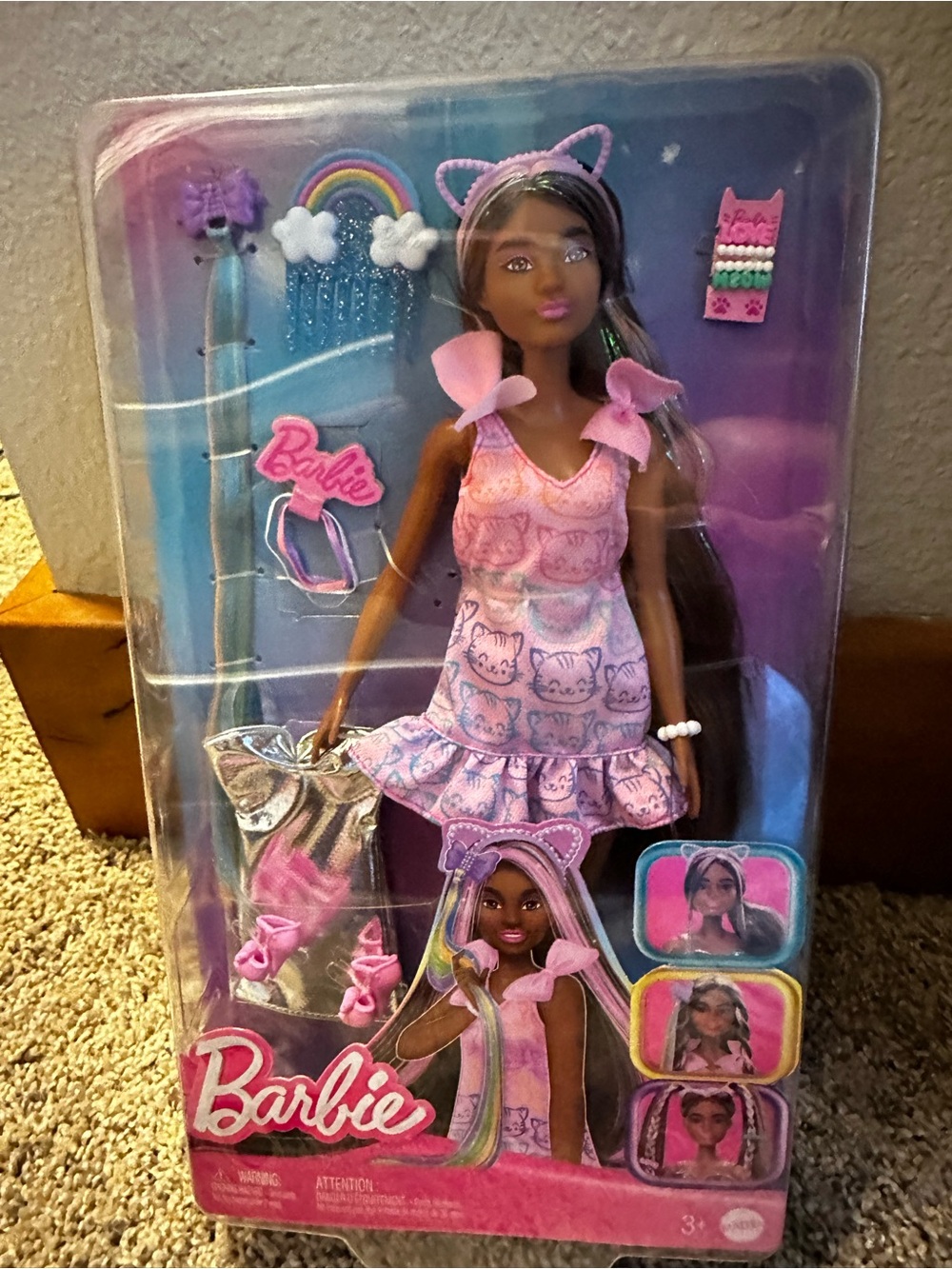 Barbie Doll in Pink Cat-Print Dress with Purple Accents